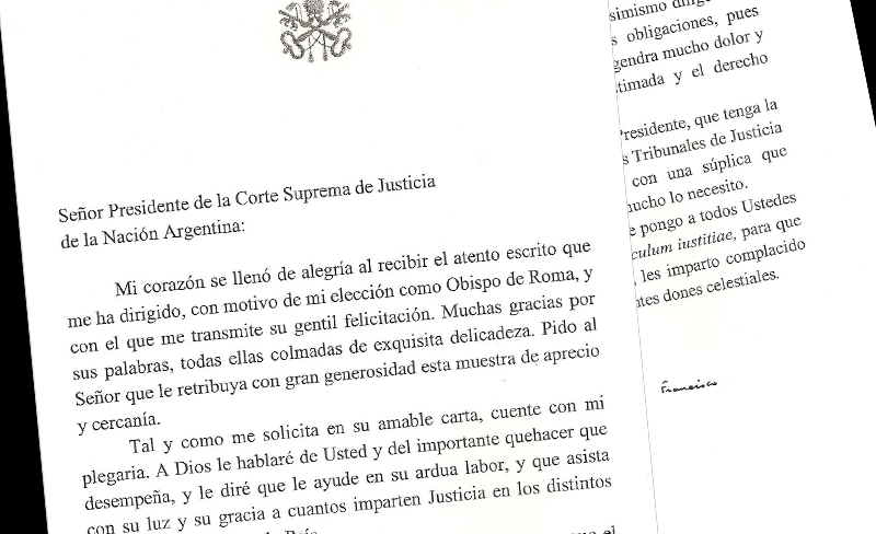 Carta del Papa Francisco al presidente de la Corte, Ricardo Lorenzetti