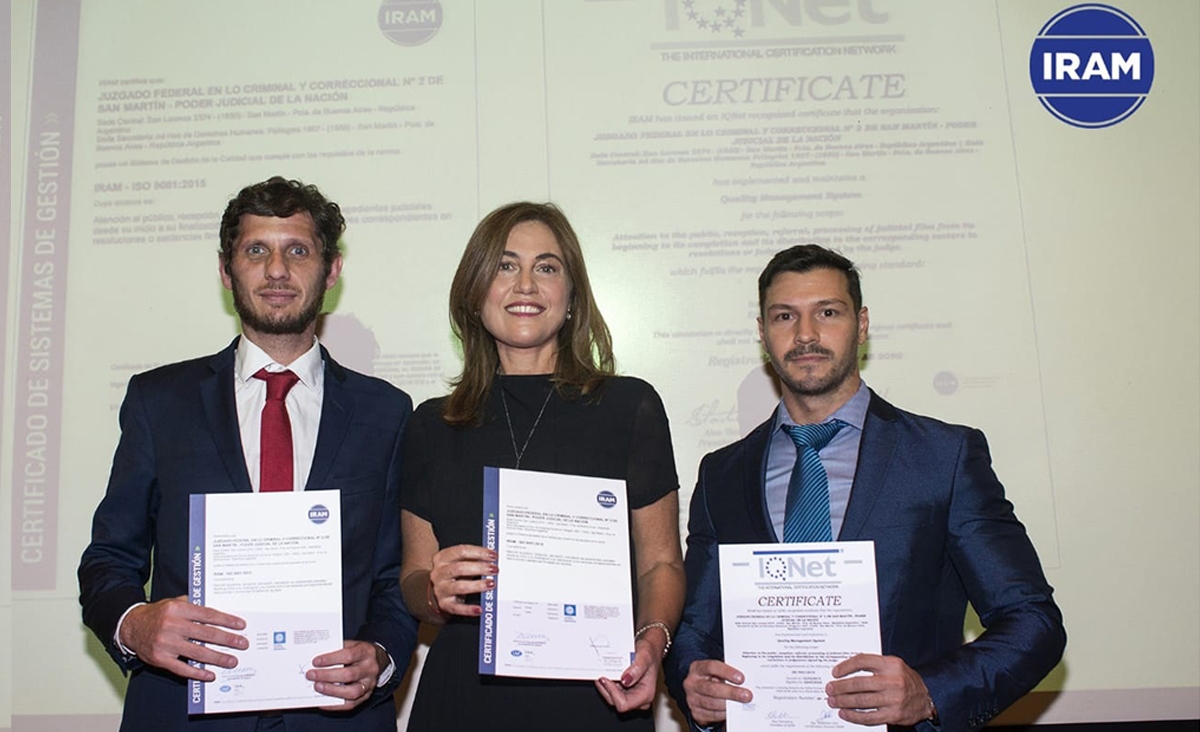 El Juzgado Federal en lo Criminal y Correccional n. 2 de San Martn, a cargo de la jueza Alicia Vence, recibi la certificacin internacional ISO 9001:2015